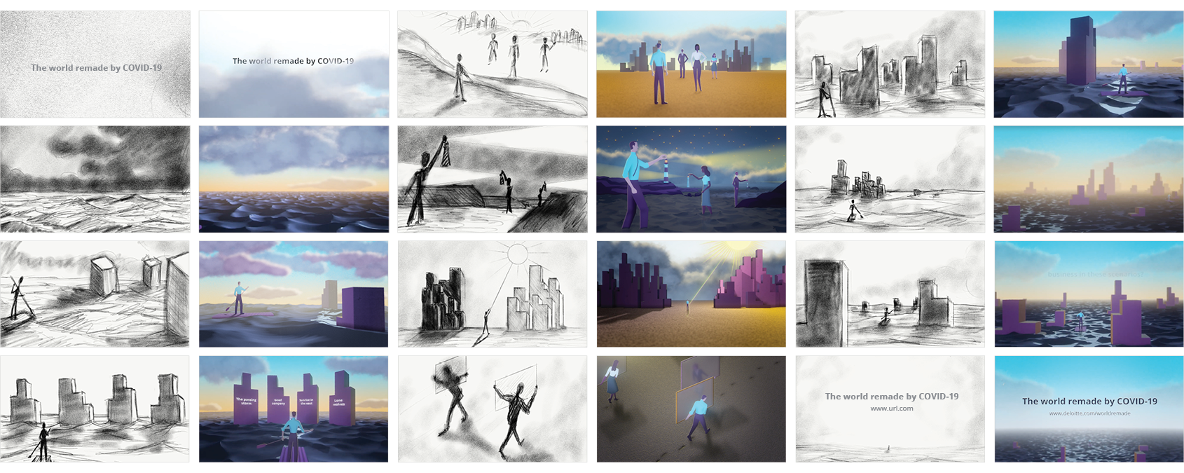 Motion graphic storyboard with corresponding rendered frames